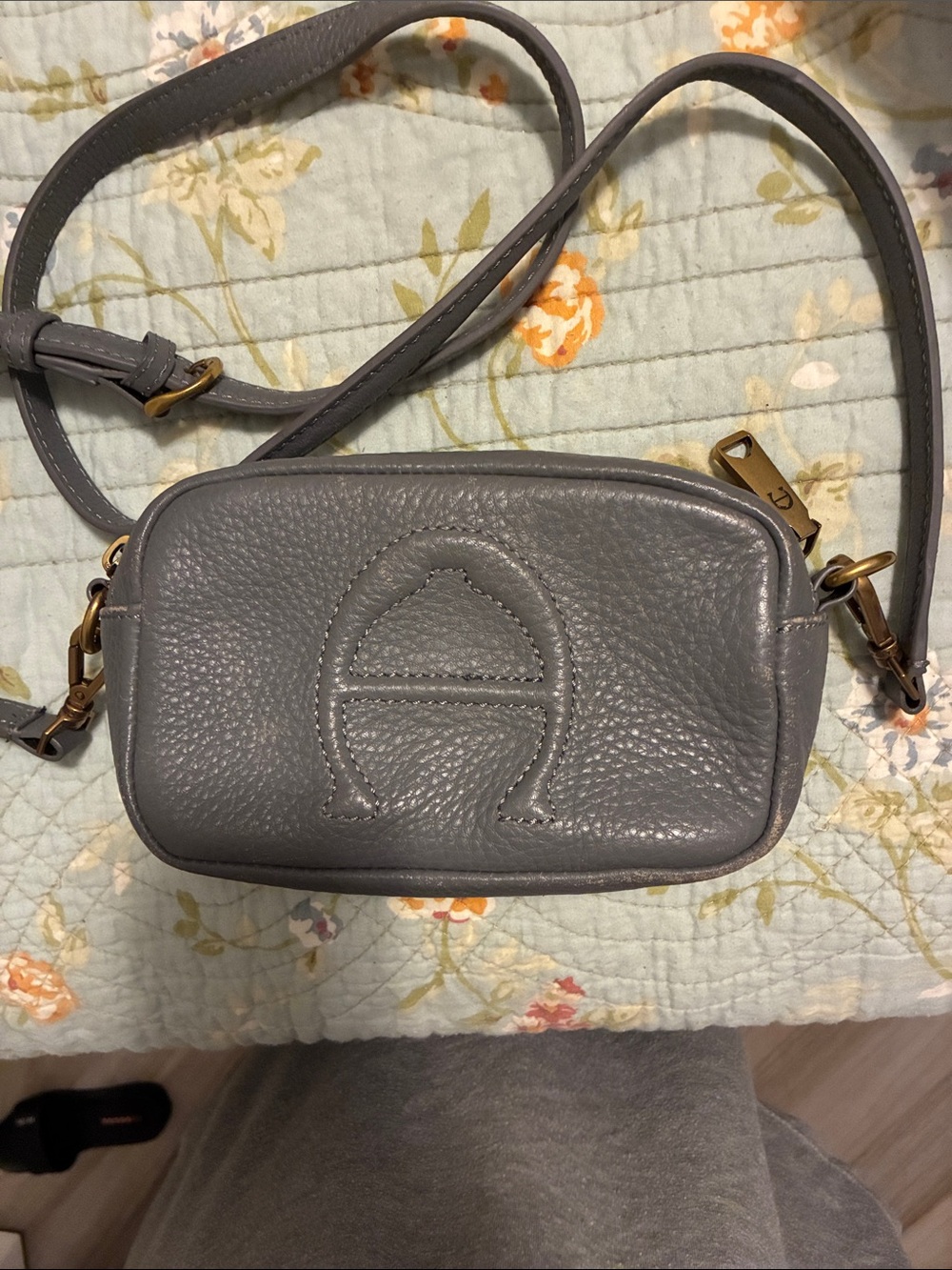 Etienne Aigner Gray Pebbled Leather Crossbody with Stitched Logo
